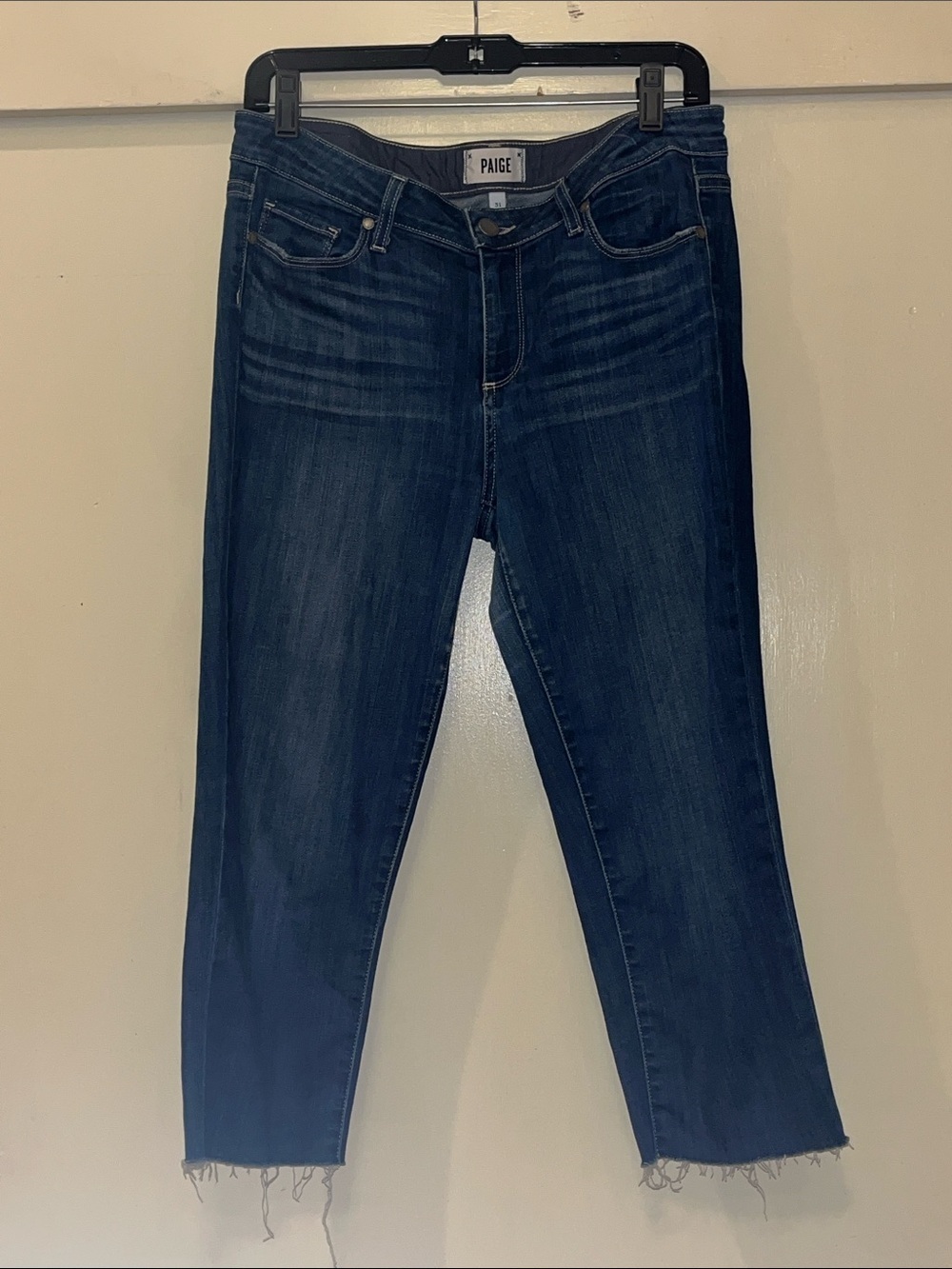 PAIGE Dark Blue Cropped Raw Hem Straight-Leg Jeans Size 31